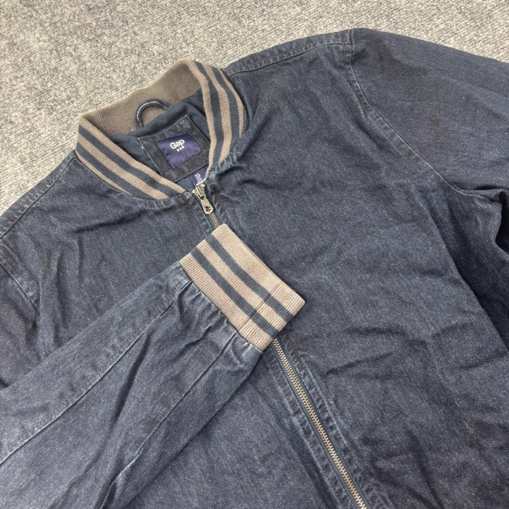 Gap Bomber Jacket Large Dark Wash Indigo Denim Striped Trim Mens
